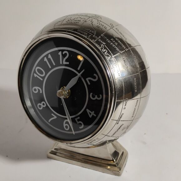 Vintage Pier 1 World Clock Art Deco Globe Retro Metal Silver Tested - Picture 2 of 16